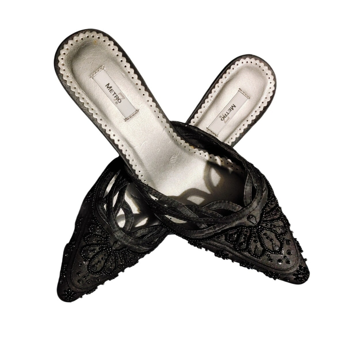 Metro 7 Womens Kitten Heel Mules Black Embellished Pointed Toe Size 6.5